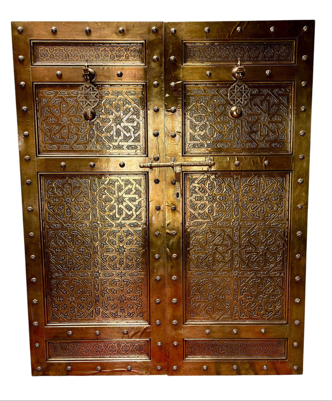 Moroccan Solid Brass Double Doors with Hand-Hammered Geometric Tooling