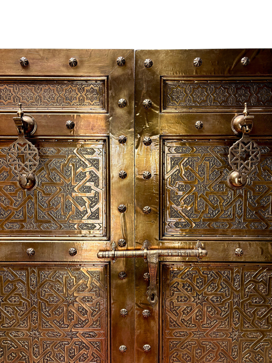 Moroccan Solid Brass Double Doors with Hand-Hammered Geometric Tooling