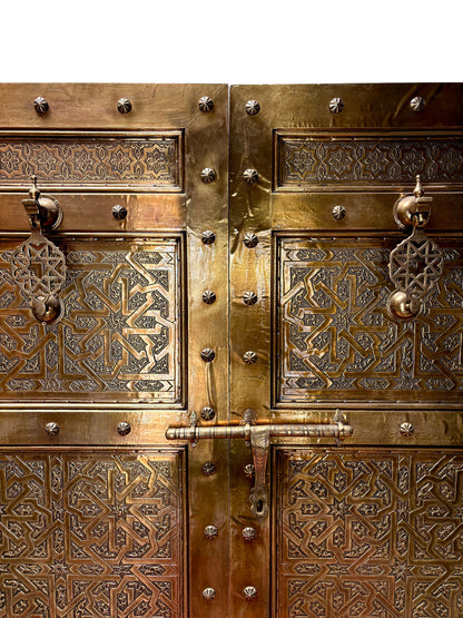 Moroccan Solid Brass Double Doors with Hand-Hammered Geometric Tooling