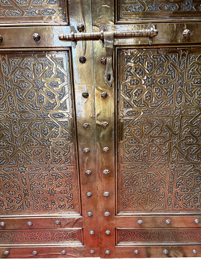Moroccan Solid Brass Double Doors with Hand-Hammered Geometric Tooling