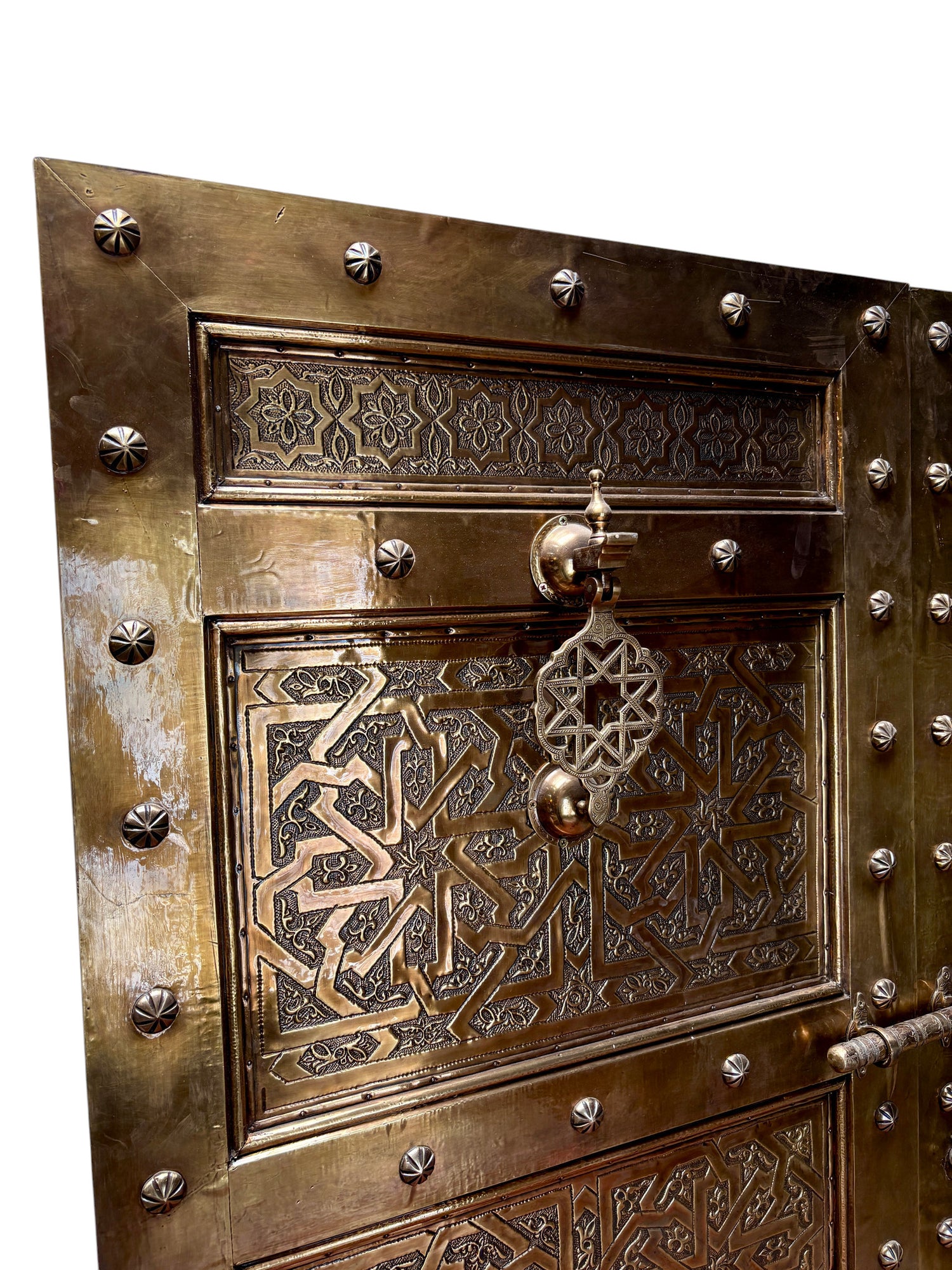 Moroccan Solid Brass Double Doors with Hand-Hammered Geometric Tooling