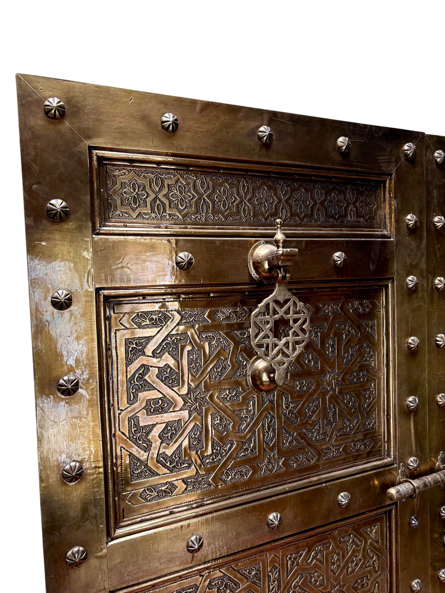 Moroccan Solid Brass Double Doors with Hand-Hammered Geometric Tooling