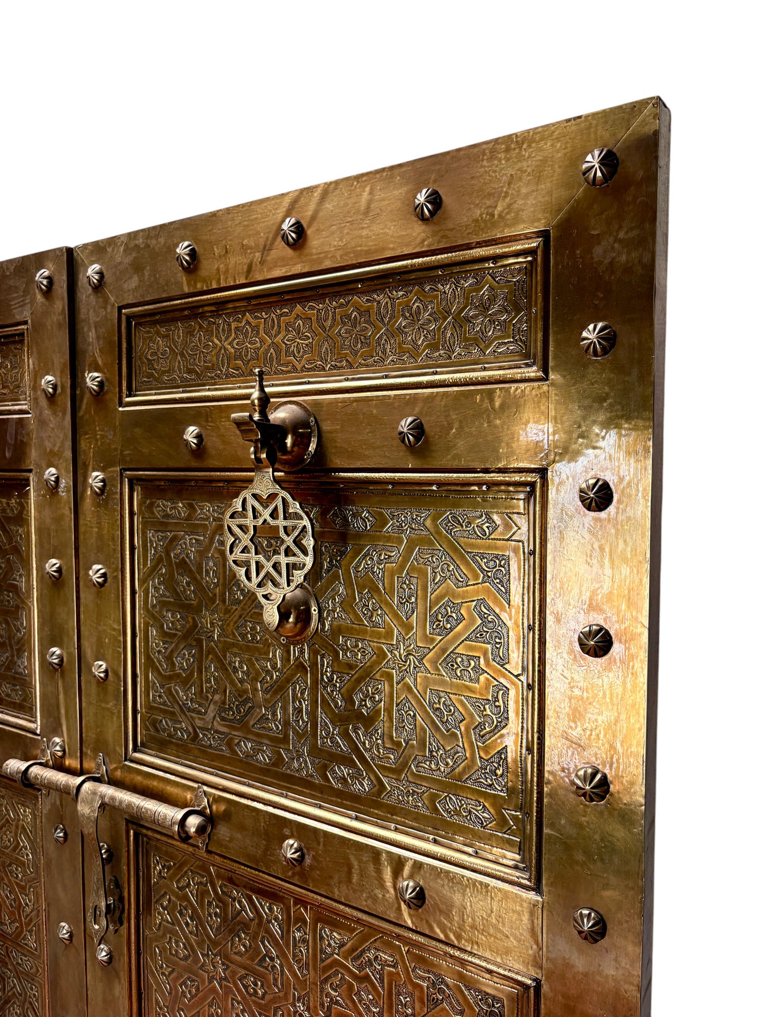 Moroccan Solid Brass Double Doors with Hand-Hammered Geometric Tooling
