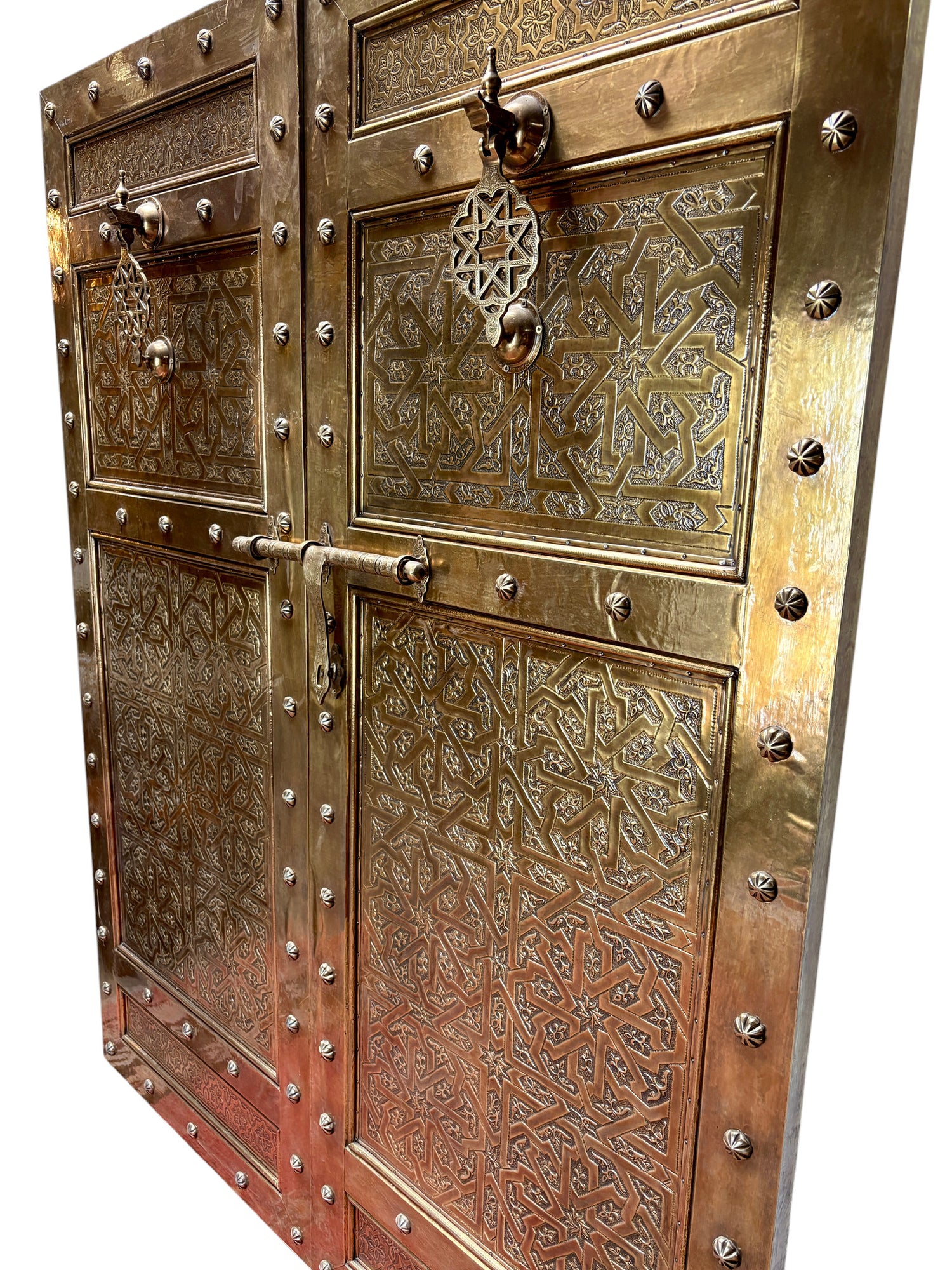 Moroccan Solid Brass Double Doors with Hand-Hammered Geometric Tooling