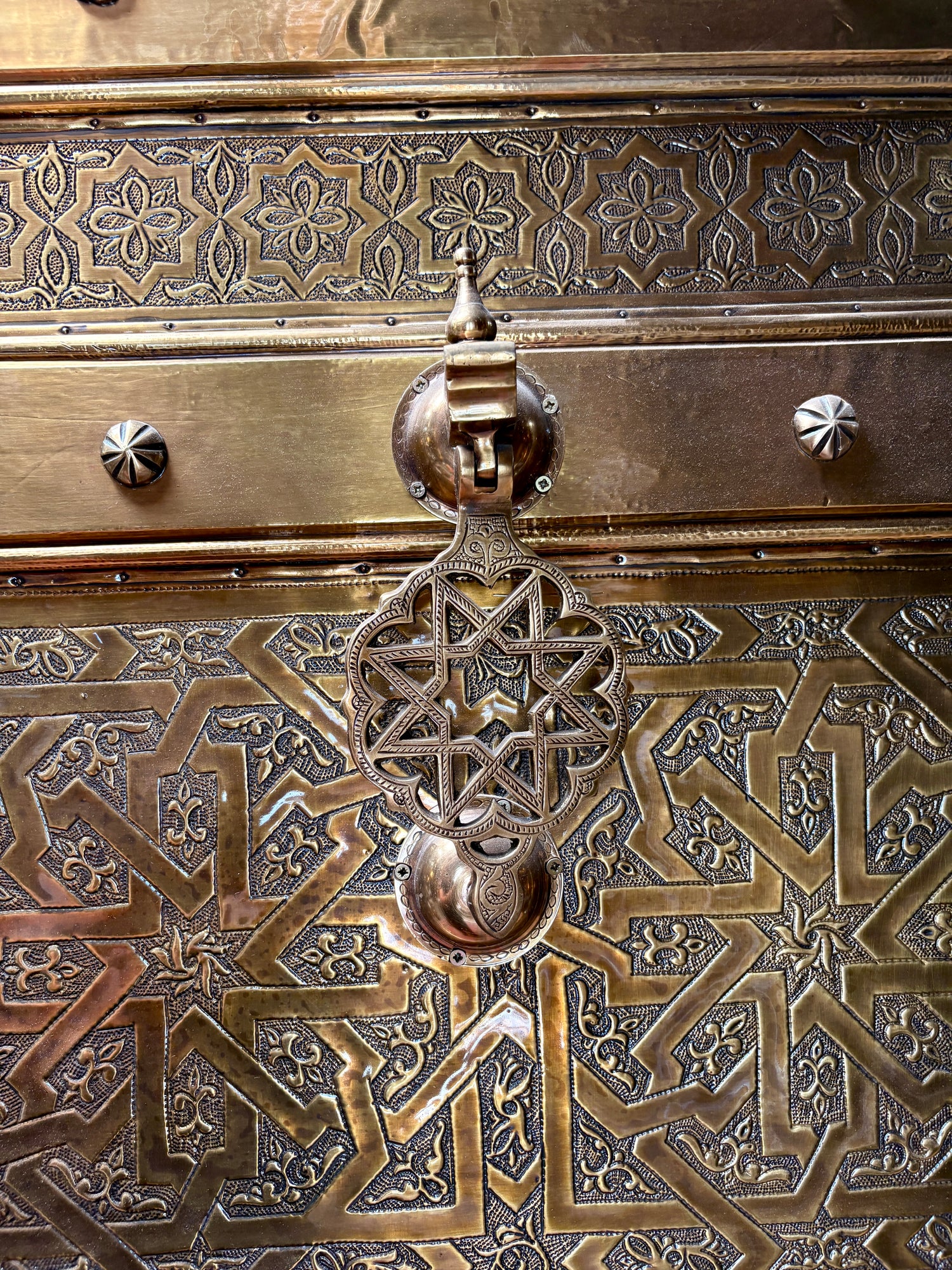 Moroccan Solid Brass Double Doors with Hand-Hammered Geometric Tooling