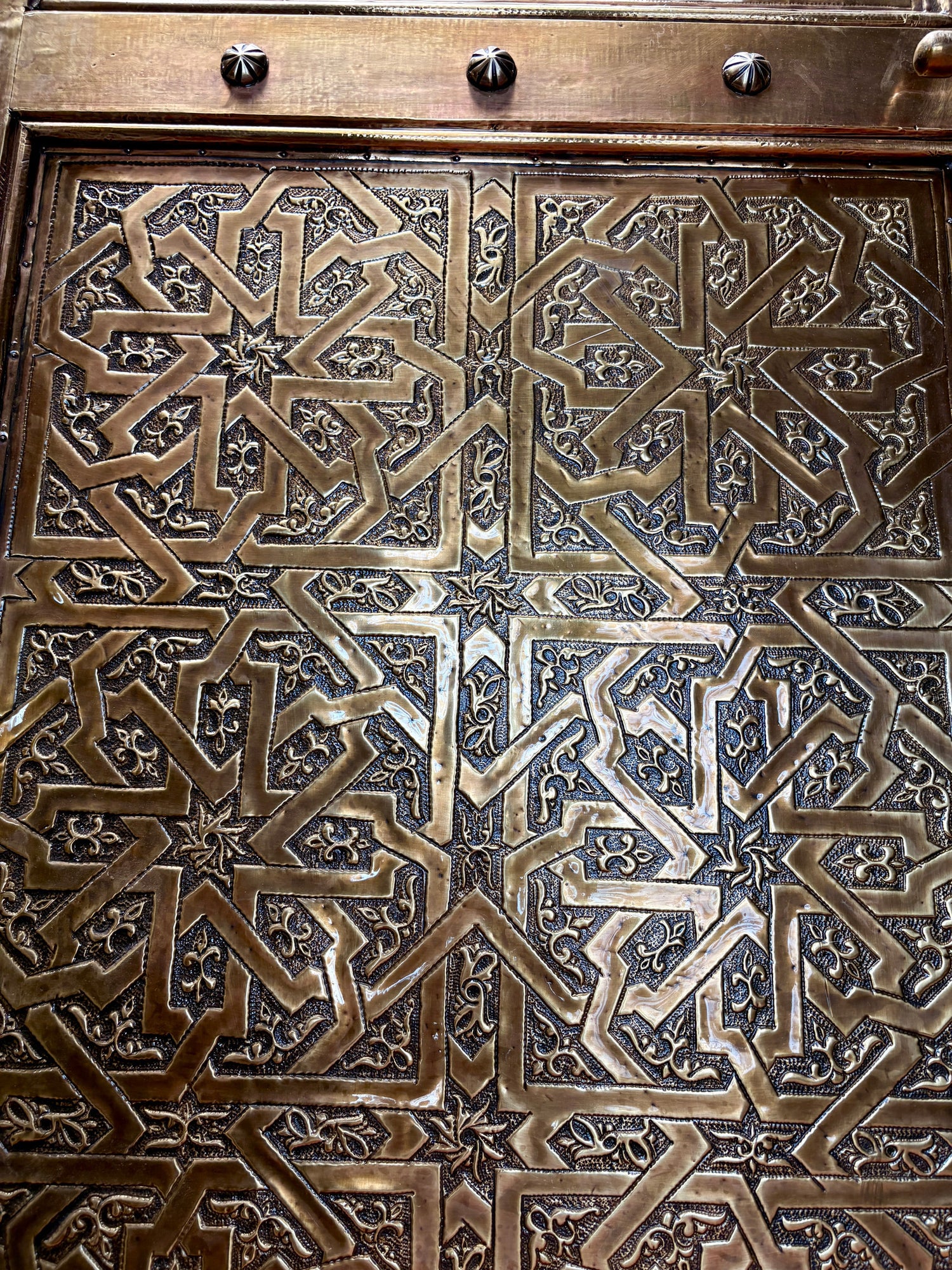 Moroccan Solid Brass Double Doors with Hand-Hammered Geometric Tooling