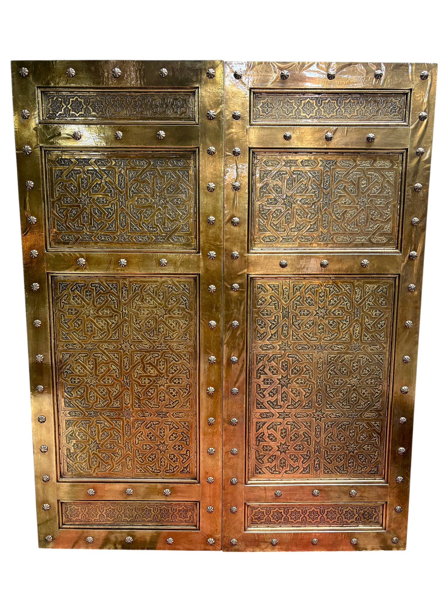 Moroccan Solid Brass Double Doors with Hand-Hammered Geometric Tooling