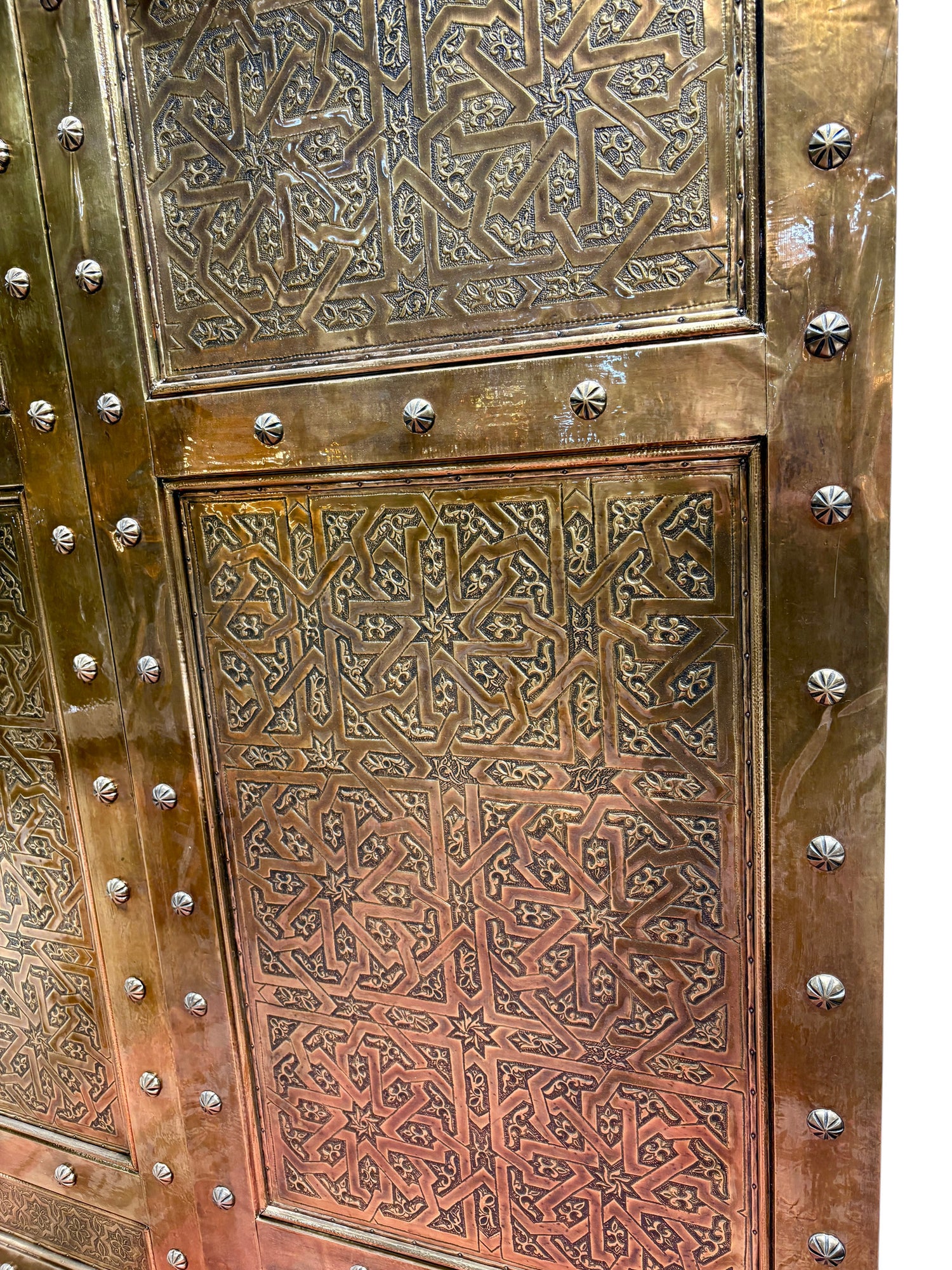 Moroccan Solid Brass Double Doors with Hand-Hammered Geometric Tooling