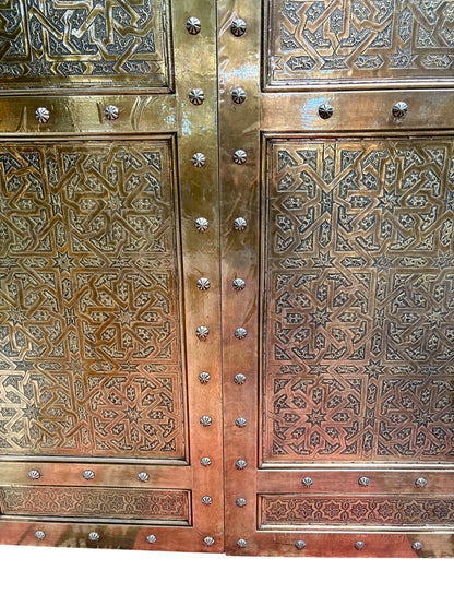 Moroccan Solid Brass Double Doors with Hand-Hammered Geometric Tooling