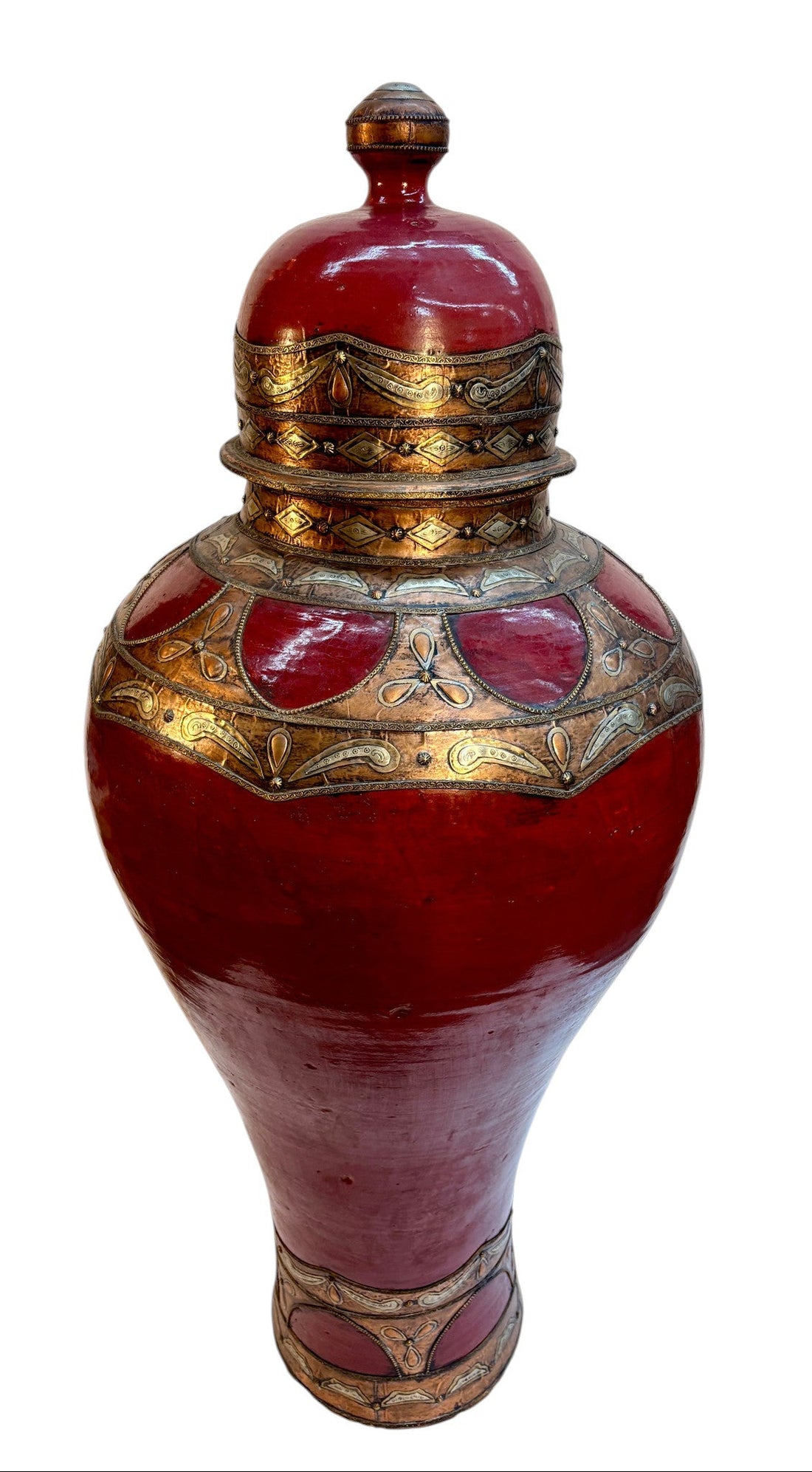 Moroccan Hand-Painted Lidded Urn with Brass and Silver Metalwork