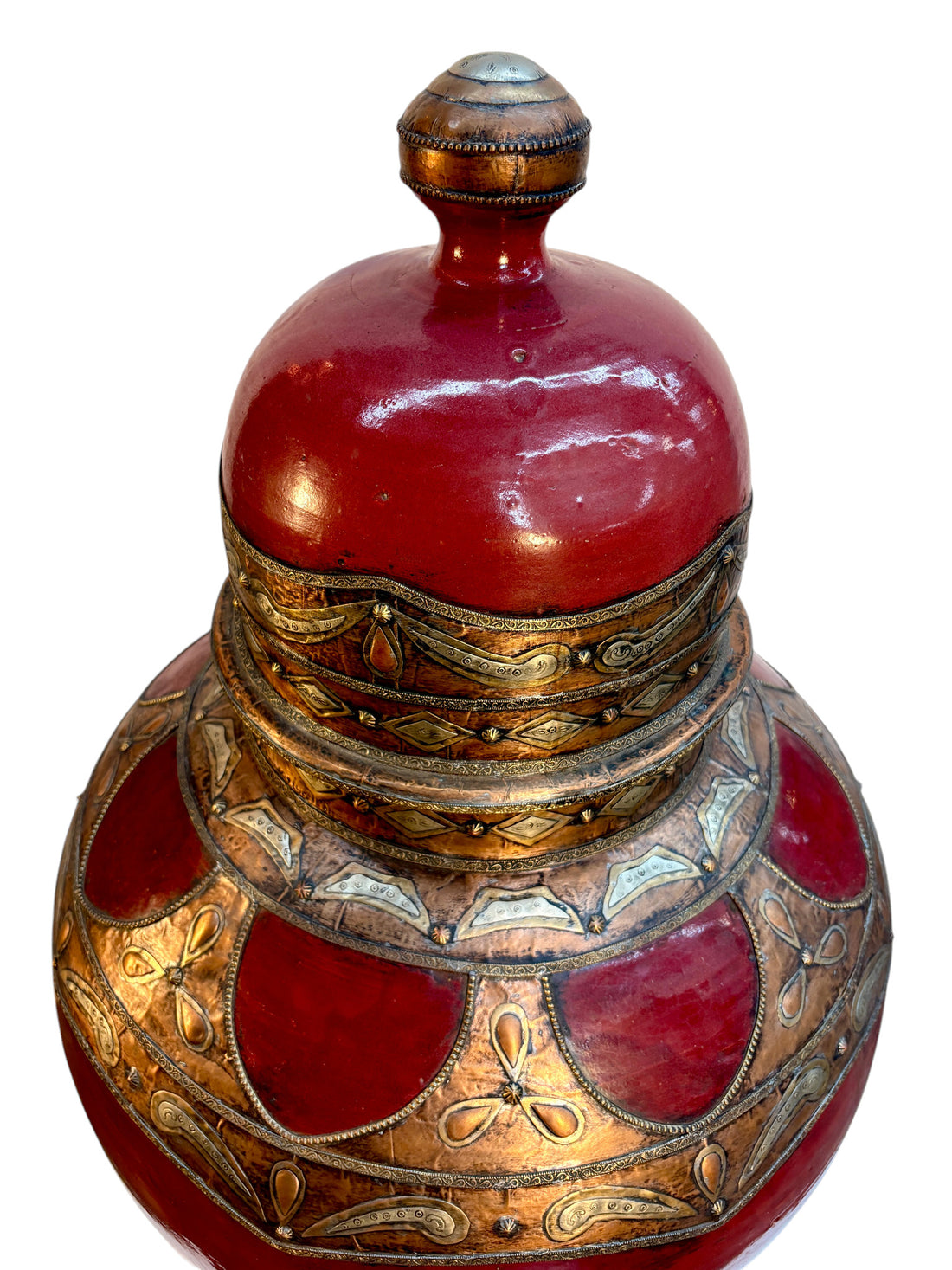 Moroccan Hand-Painted Lidded Urn with Brass and Silver Metalwork