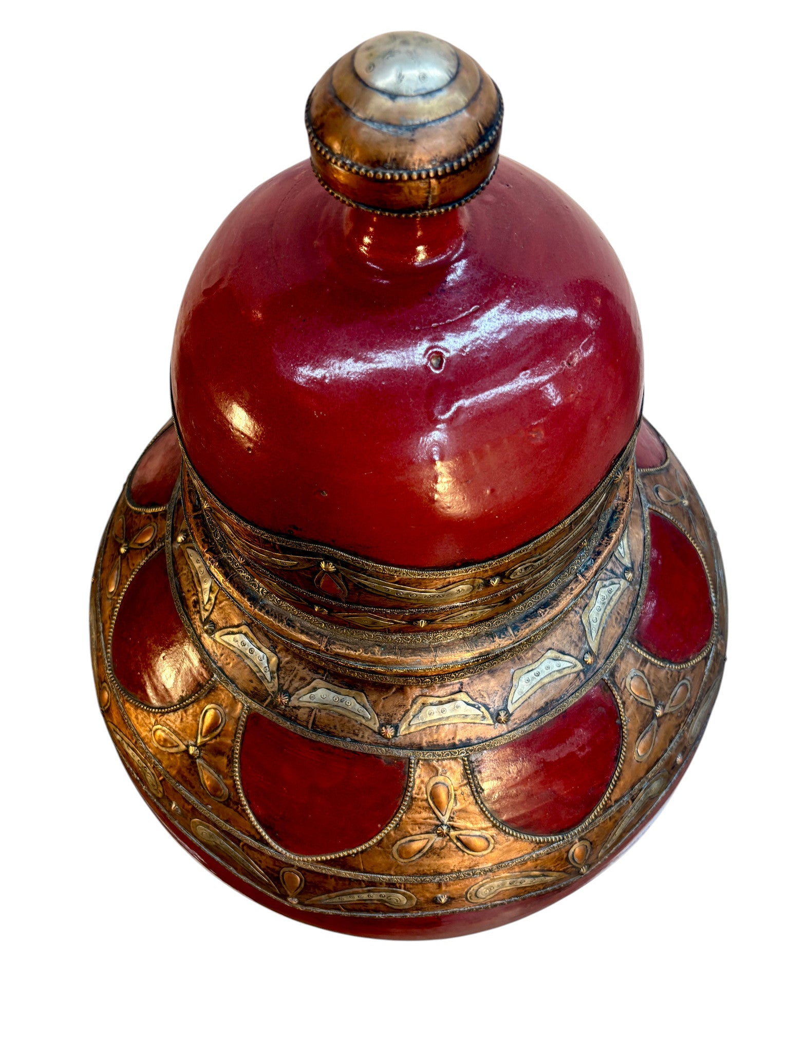 Moroccan Hand-Painted Lidded Urn with Brass and Silver Metalwork