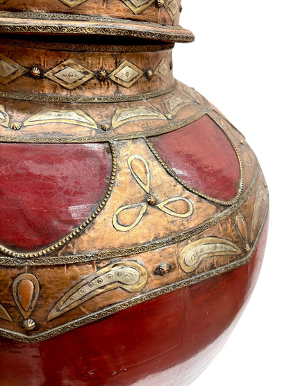 Moroccan Hand-Painted Lidded Urn with Brass and Silver Metalwork