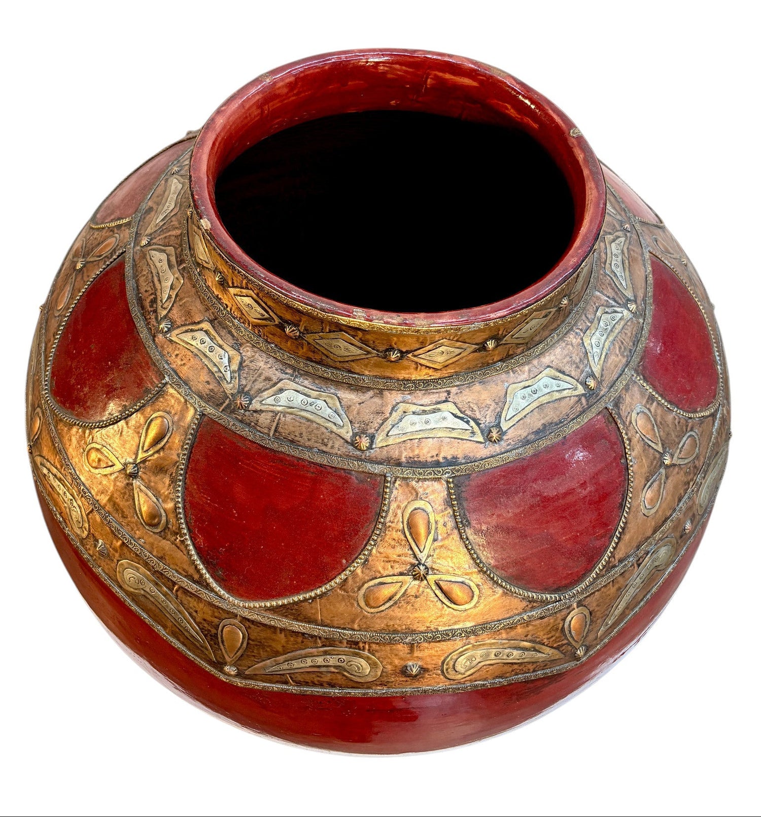 Moroccan Hand-Painted Lidded Urn with Brass and Silver Metalwork