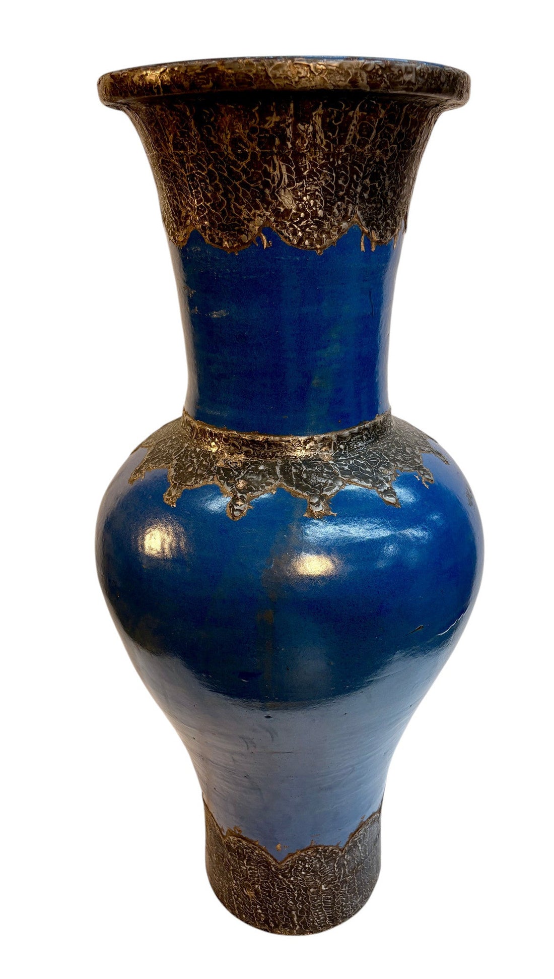Moroccan Cobalt Blue Floor Vase with Textured Bronze Drip Glaze