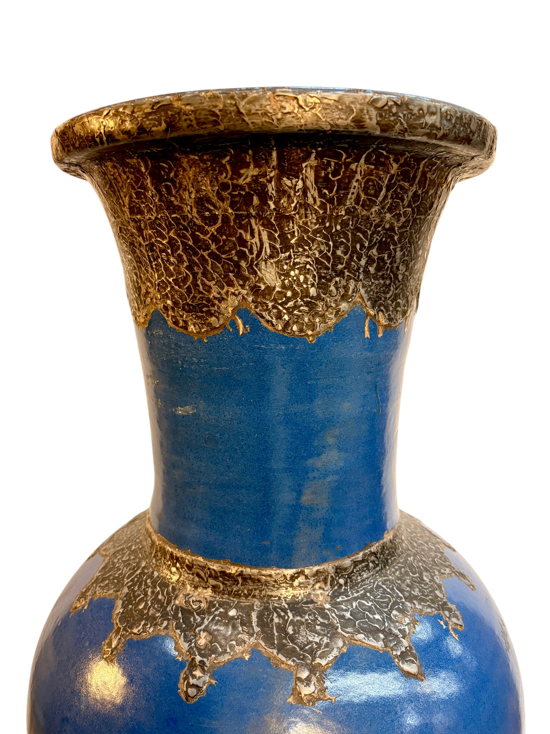 Moroccan Cobalt Blue Floor Vase with Textured Bronze Drip Glaze