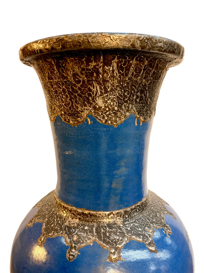Moroccan Cobalt Blue Floor Vase with Textured Bronze Drip Glaze