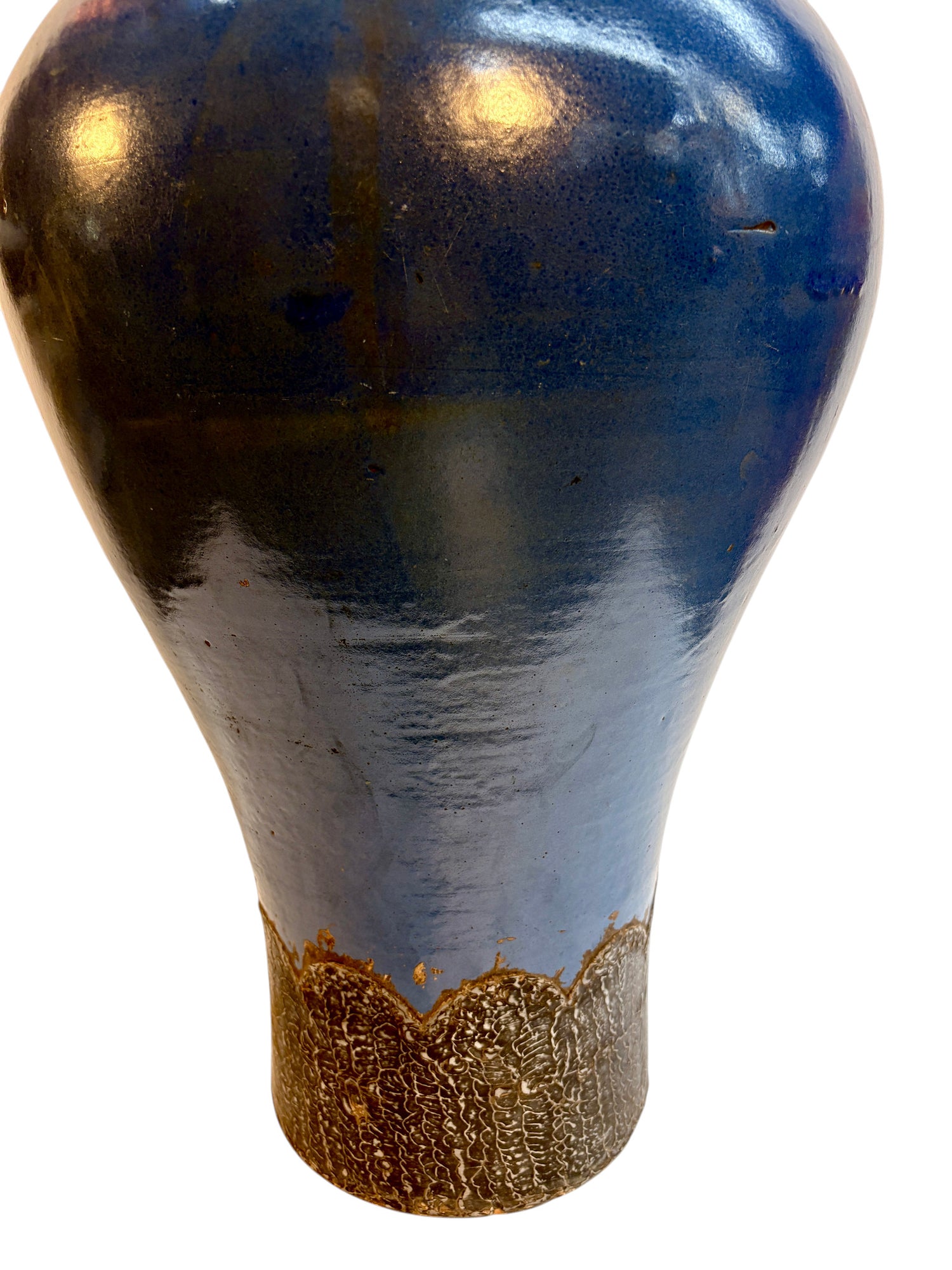 Moroccan Cobalt Blue Floor Vase with Textured Bronze Drip Glaze