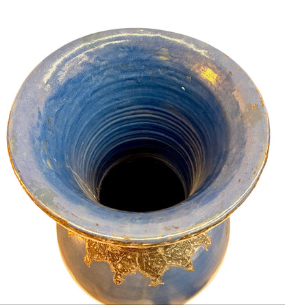 Moroccan Cobalt Blue Floor Vase with Textured Bronze Drip Glaze