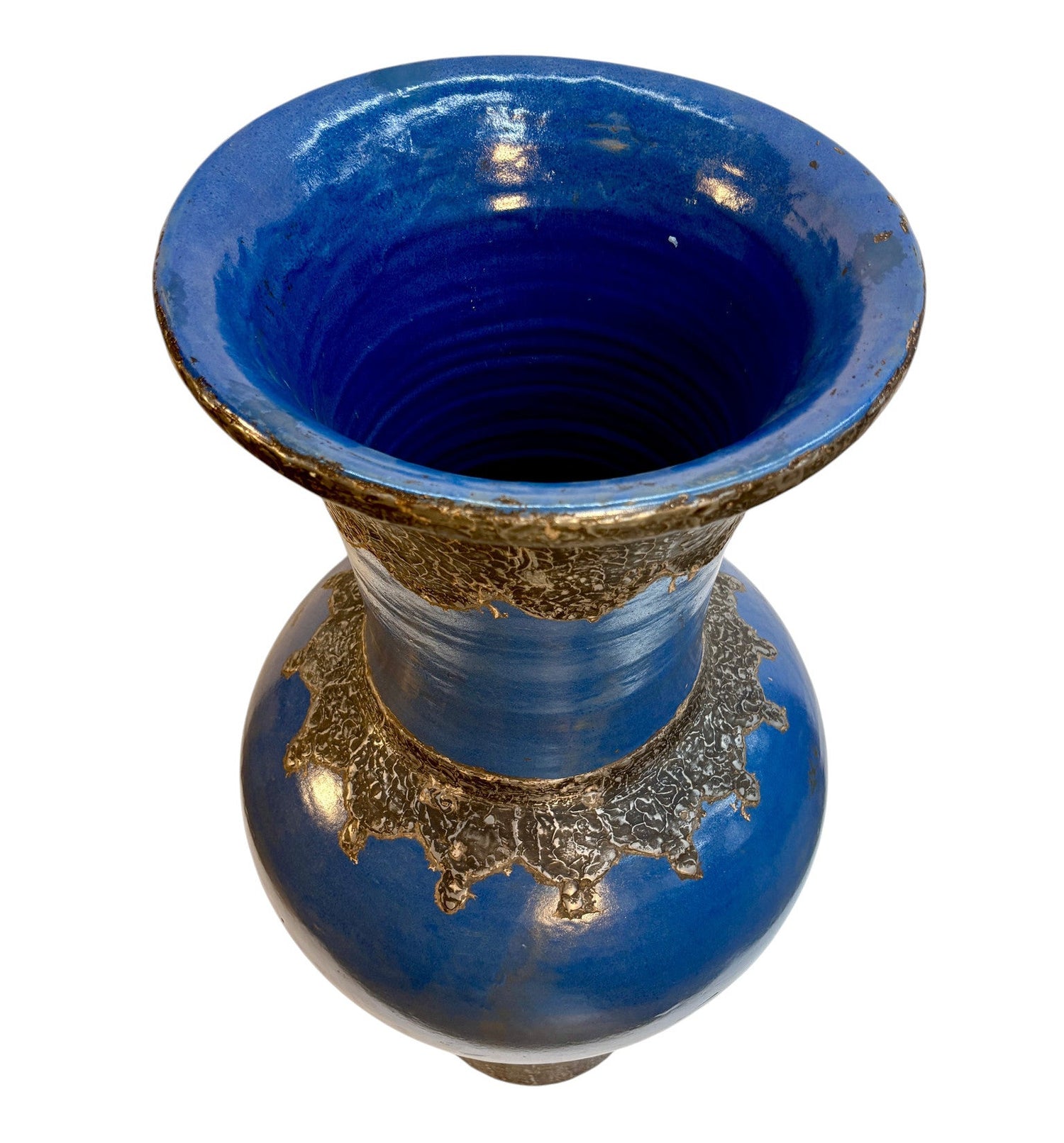 Moroccan Cobalt Blue Floor Vase with Textured Bronze Drip Glaze