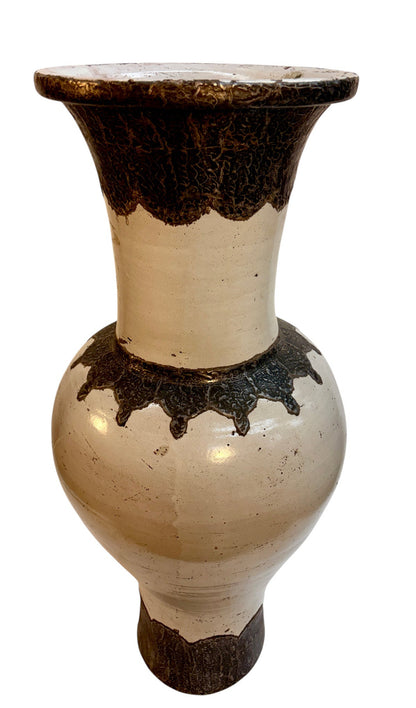 Moroccan Cream Floor Vase with Textured Bronze Drip Glaze