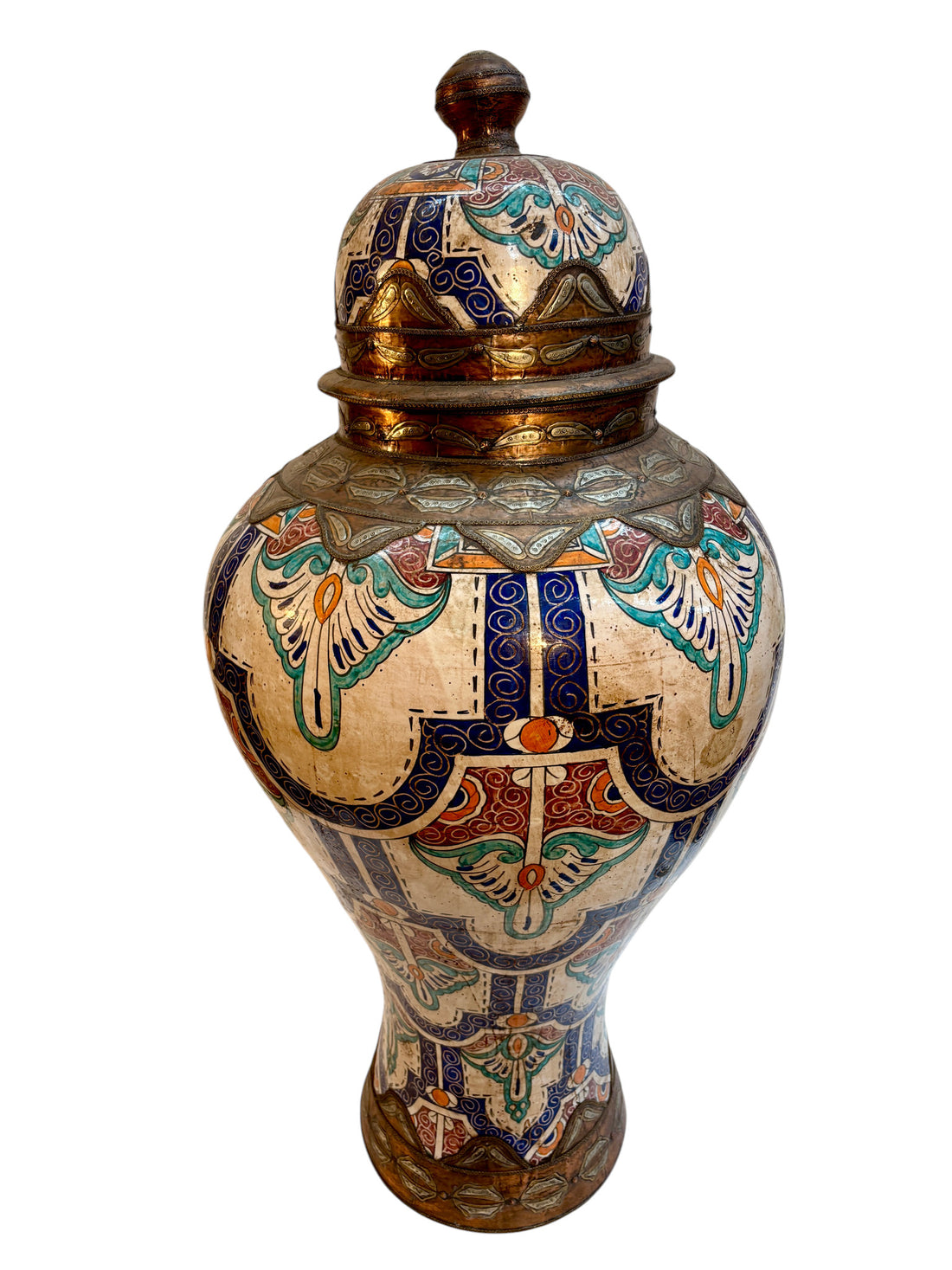 Moroccan Hand-Painted Lidded Urn with Brass Metalwork