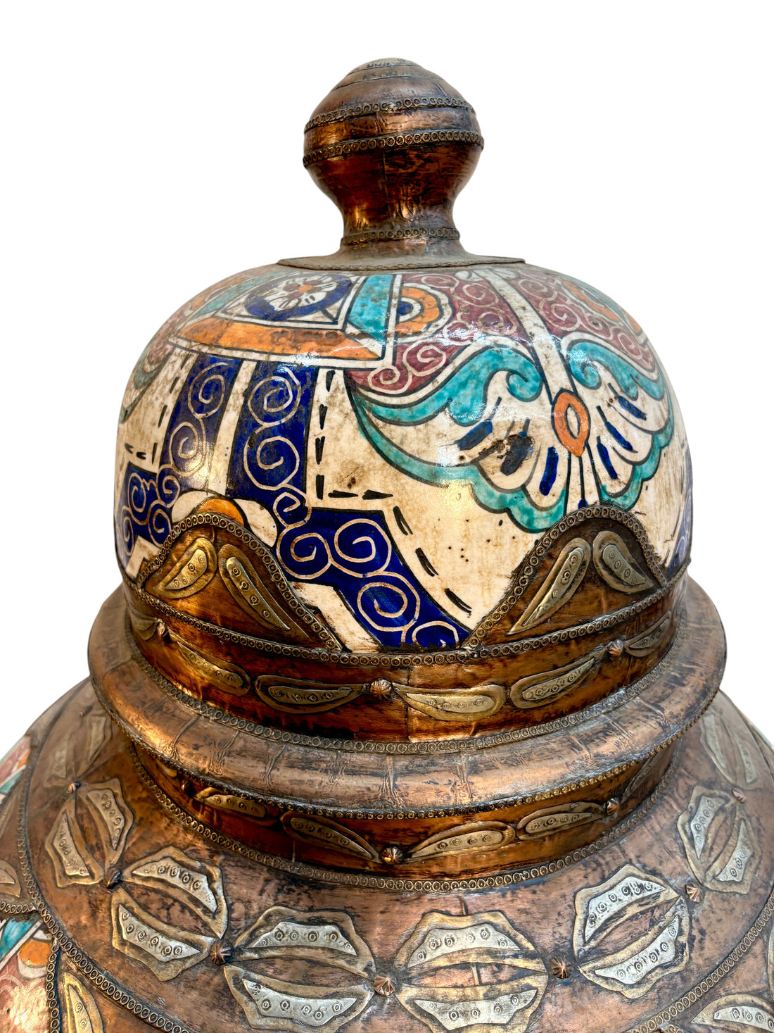 Moroccan Hand-Painted Lidded Urn with Brass Metalwork