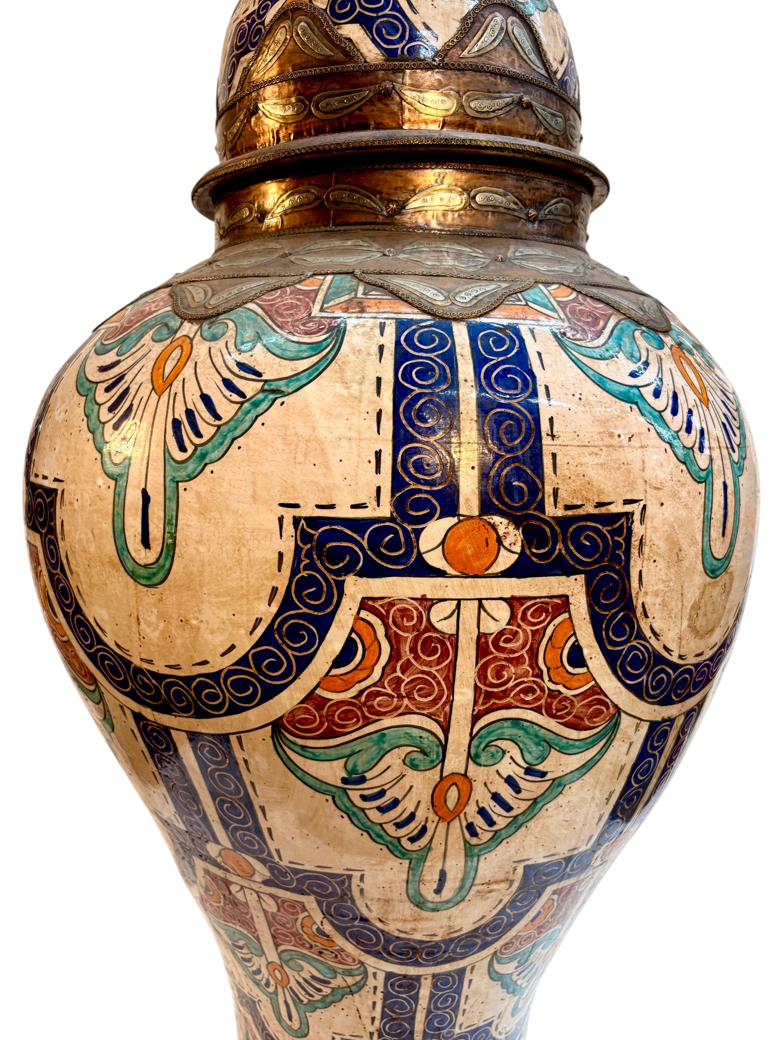 Moroccan Hand-Painted Lidded Urn with Brass Metalwork