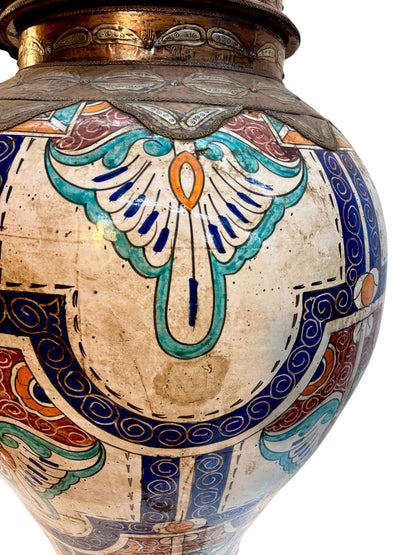 Moroccan Hand-Painted Lidded Urn with Brass Metalwork