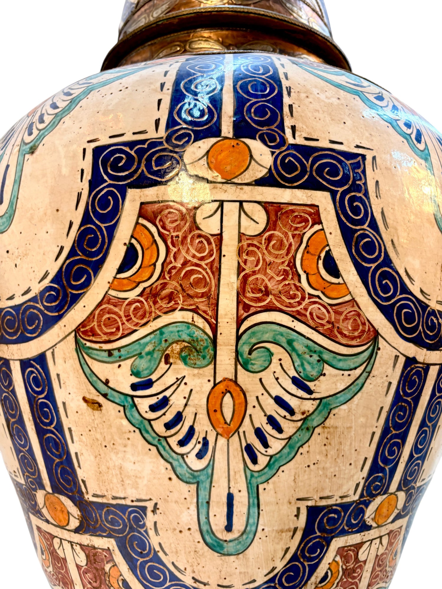 Moroccan Hand-Painted Lidded Urn with Brass Metalwork