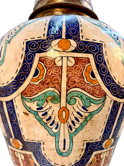 Moroccan Hand-Painted Lidded Urn with Brass Metalwork