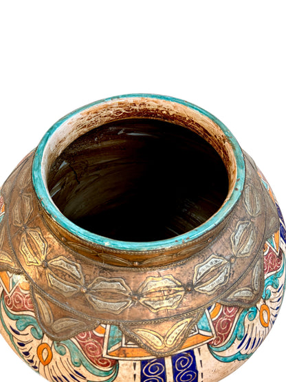 Moroccan Hand-Painted Lidded Urn with Brass Metalwork