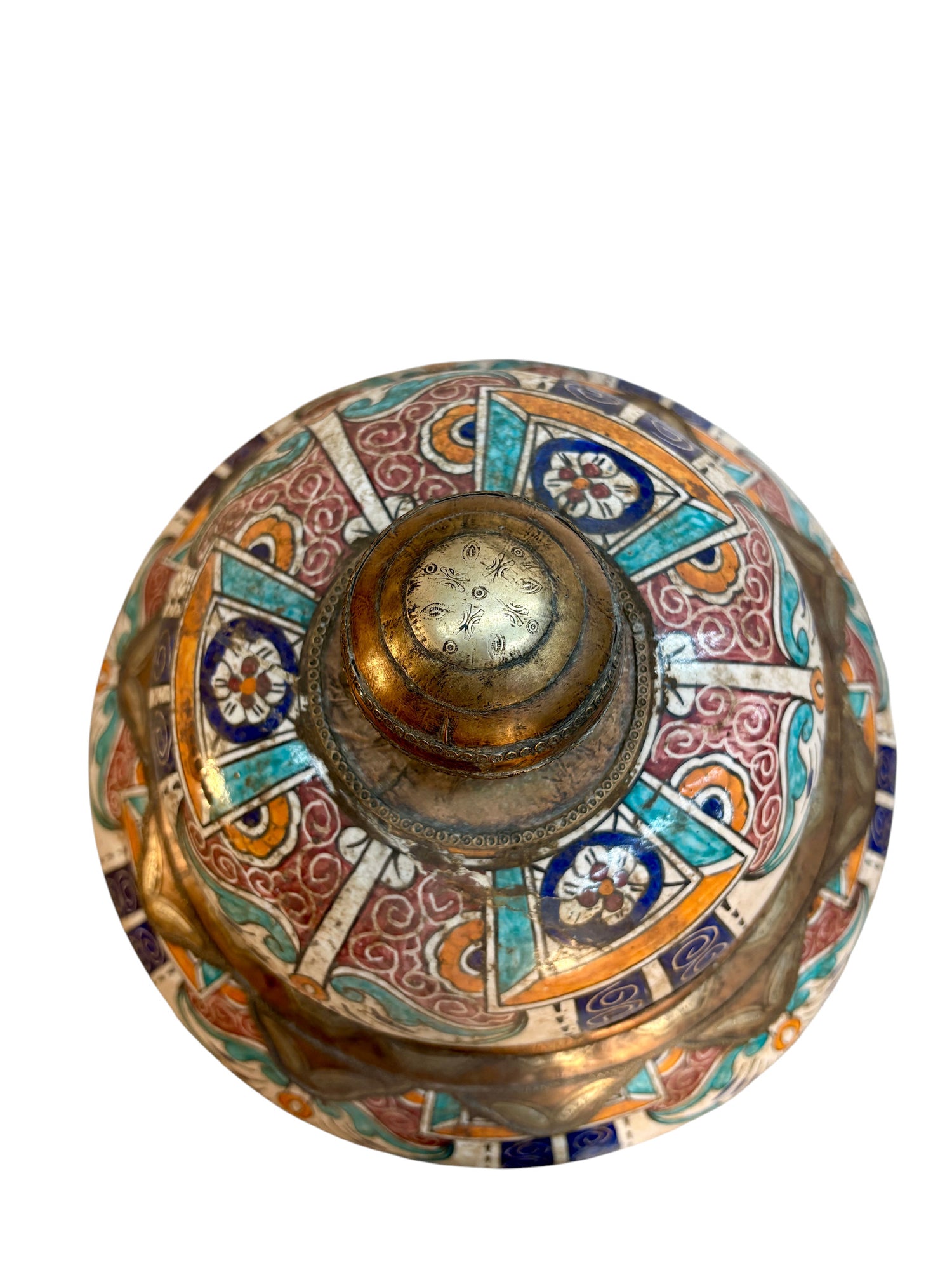 Moroccan Hand-Painted Lidded Urn with Brass Metalwork