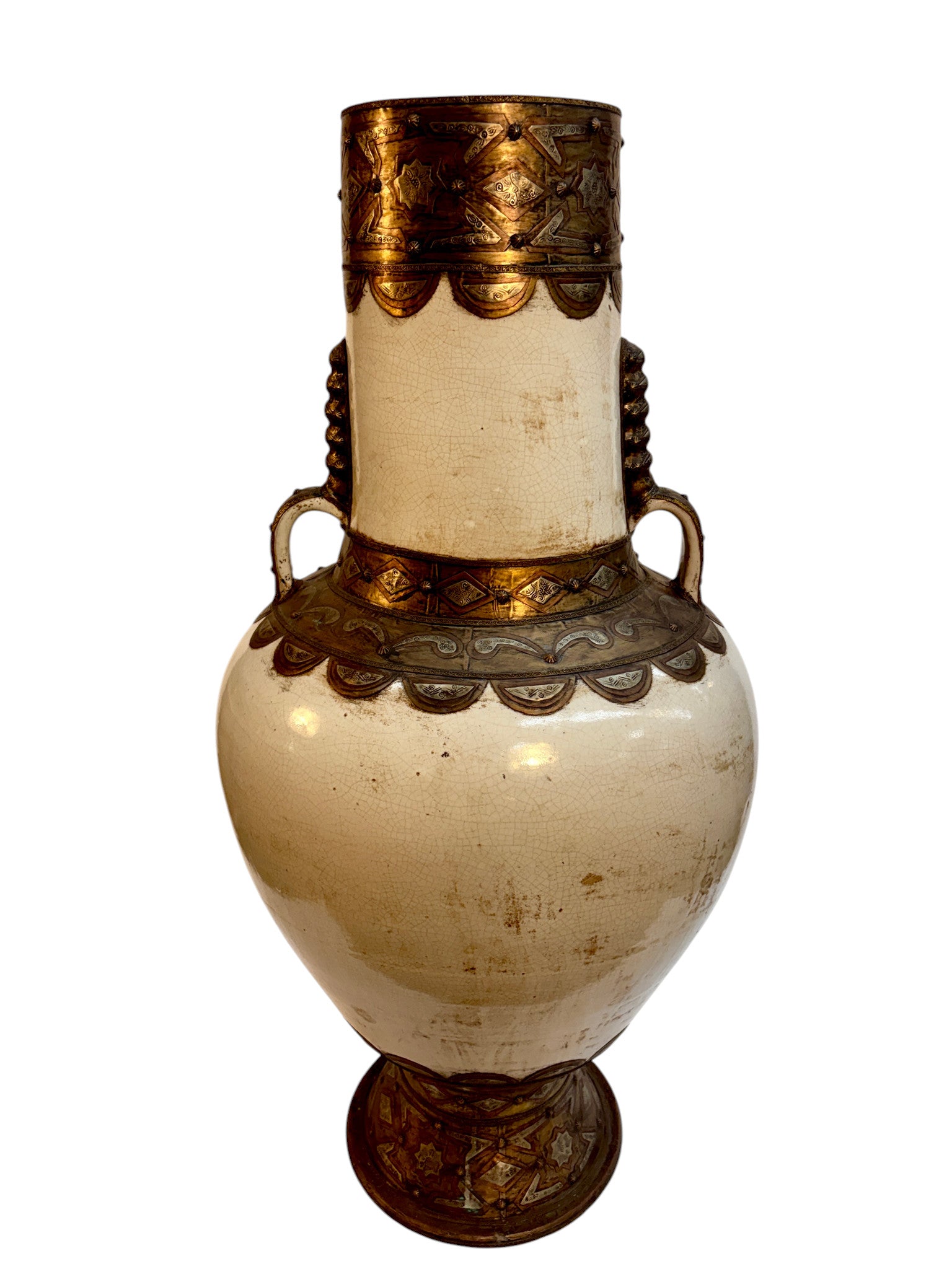 Moroccan Cream Ceramic Amphora with Brass and Silver Metalwork Cladding