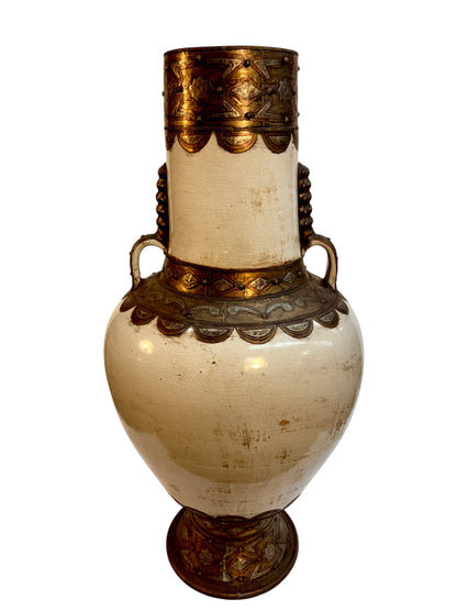 Moroccan Cream Ceramic Amphora with Brass and Silver Metalwork Cladding
