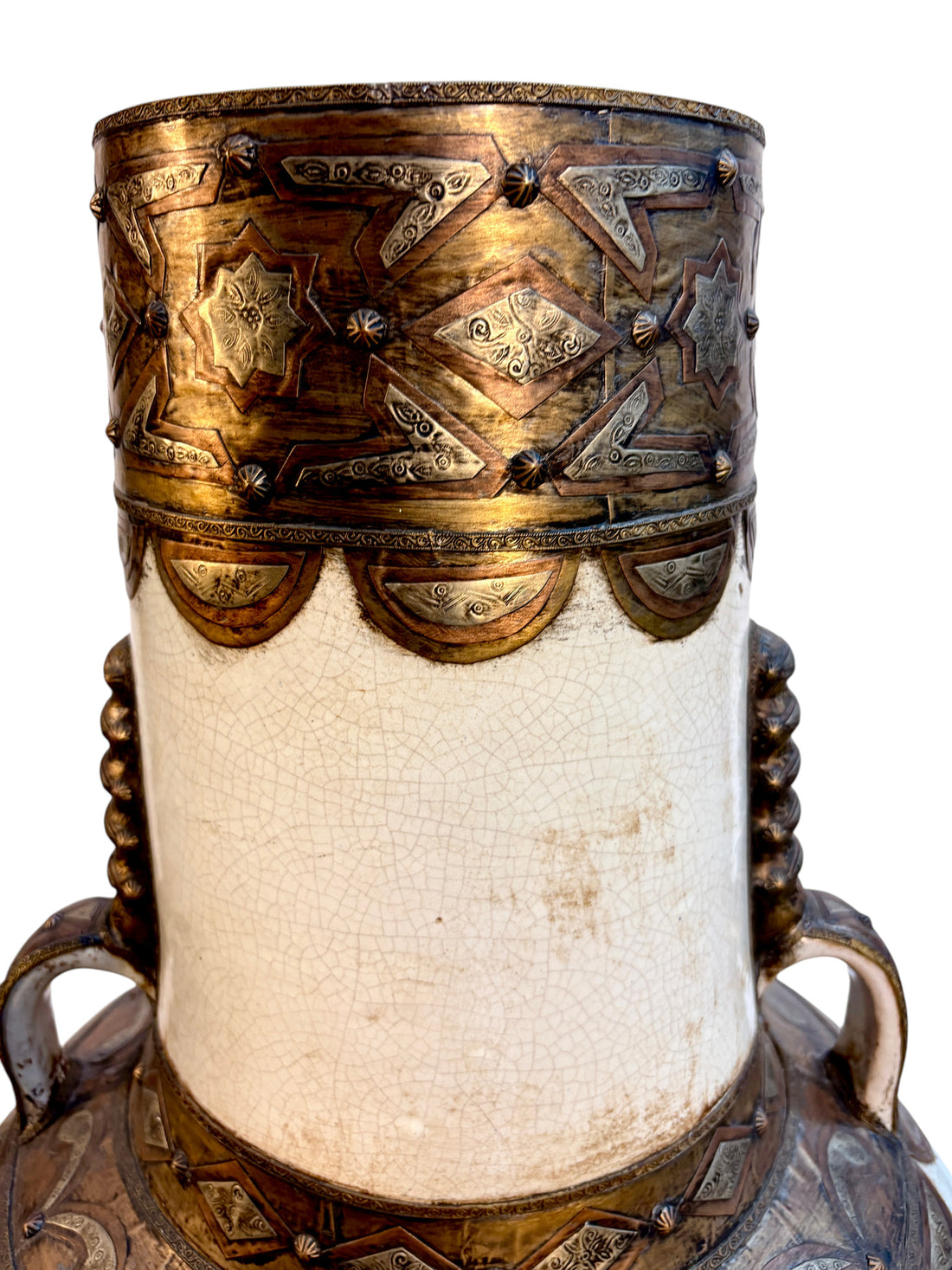 Moroccan Cream Ceramic Amphora with Brass and Silver Metalwork Cladding