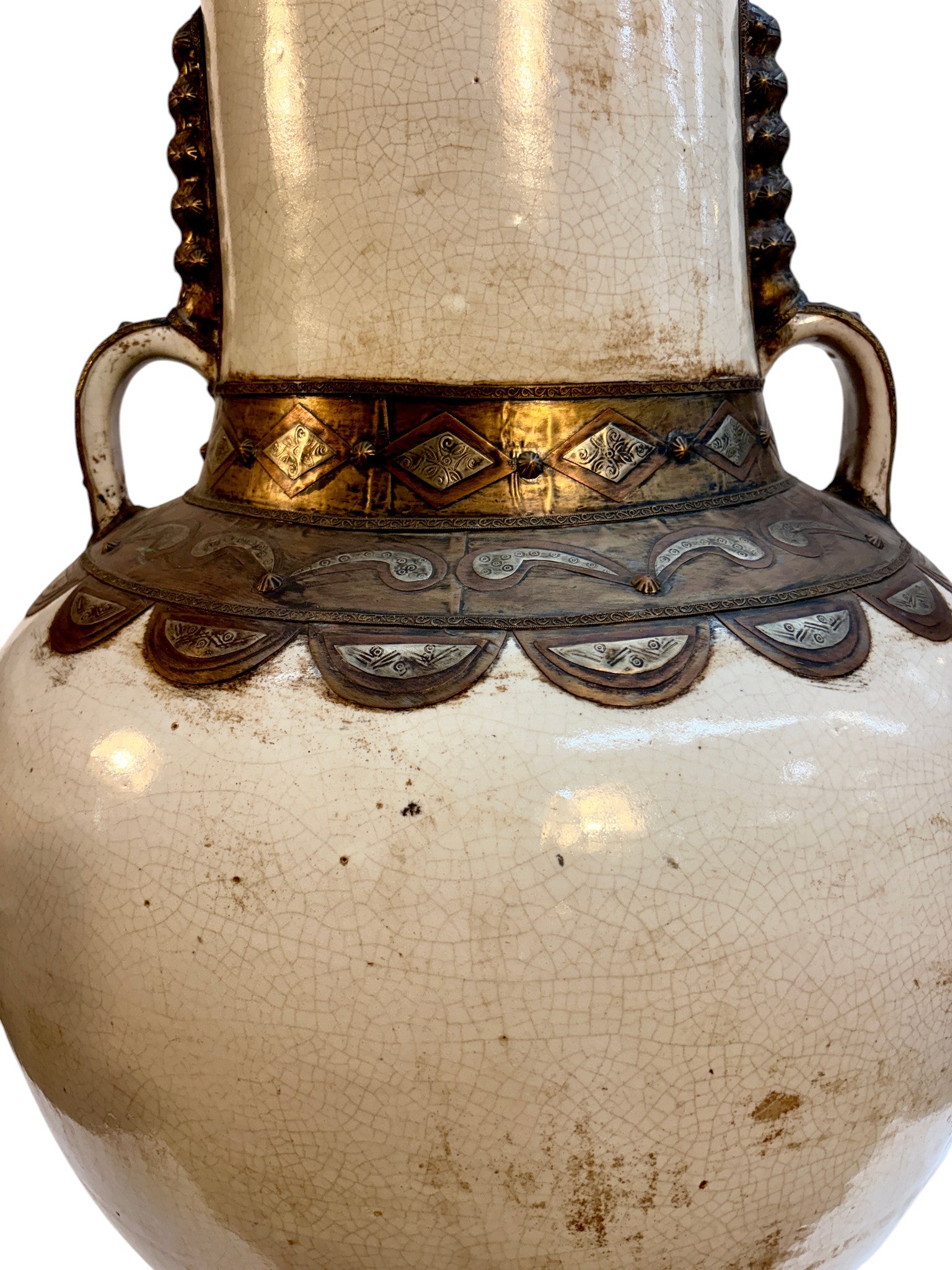 Moroccan Cream Ceramic Amphora with Brass and Silver Metalwork Cladding