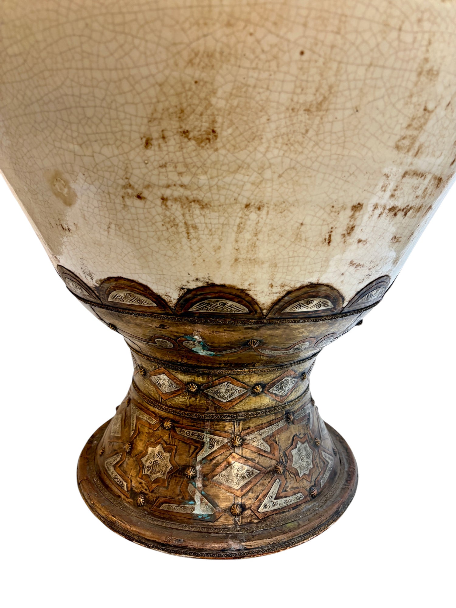 Moroccan Cream Ceramic Amphora with Brass and Silver Metalwork Cladding