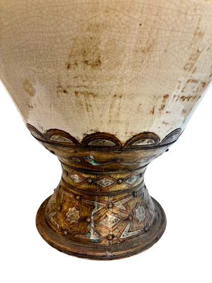 Moroccan Cream Ceramic Amphora with Brass and Silver Metalwork Cladding
