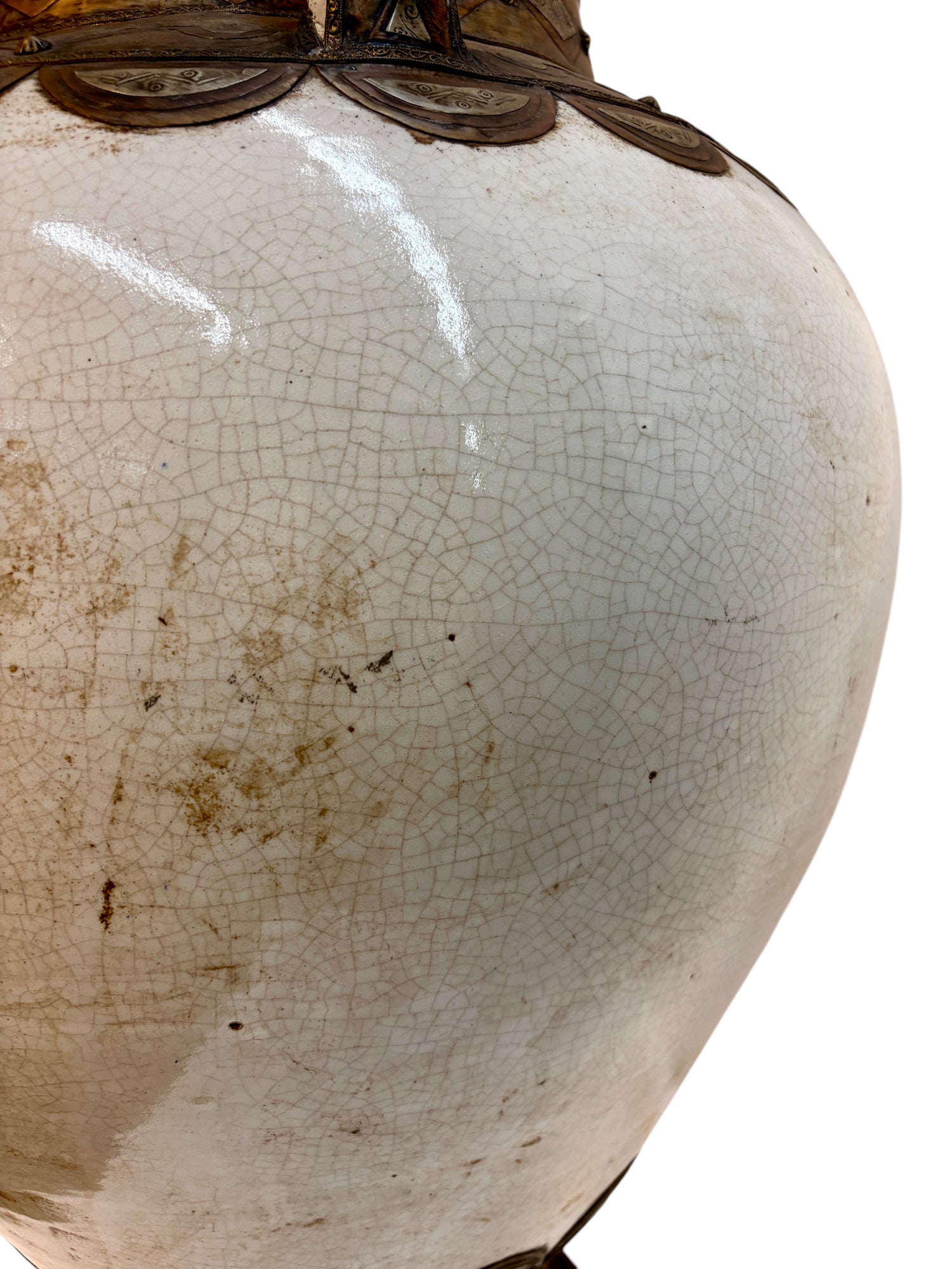 Moroccan Cream Ceramic Amphora with Brass and Silver Metalwork Cladding