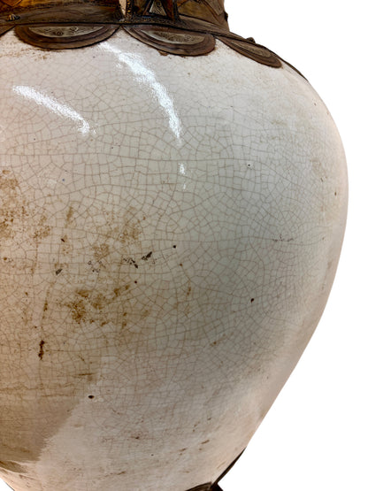 Moroccan Cream Ceramic Amphora with Brass and Silver Metalwork Cladding