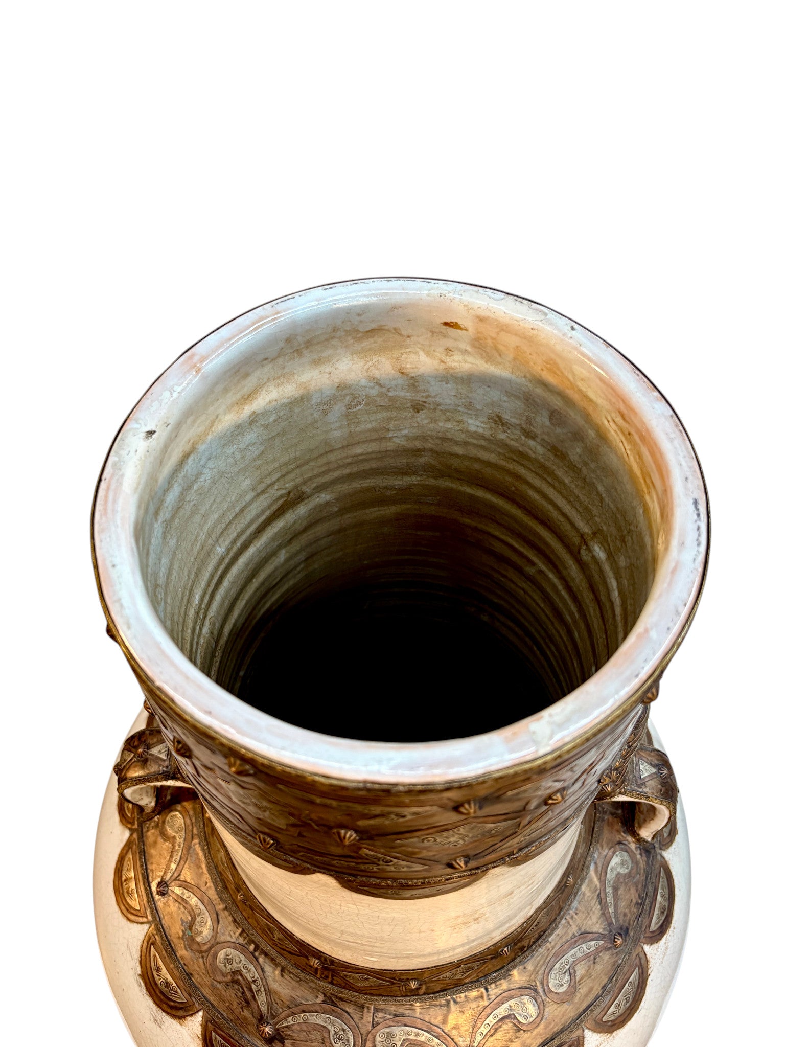Moroccan Cream Ceramic Amphora with Brass and Silver Metalwork Cladding