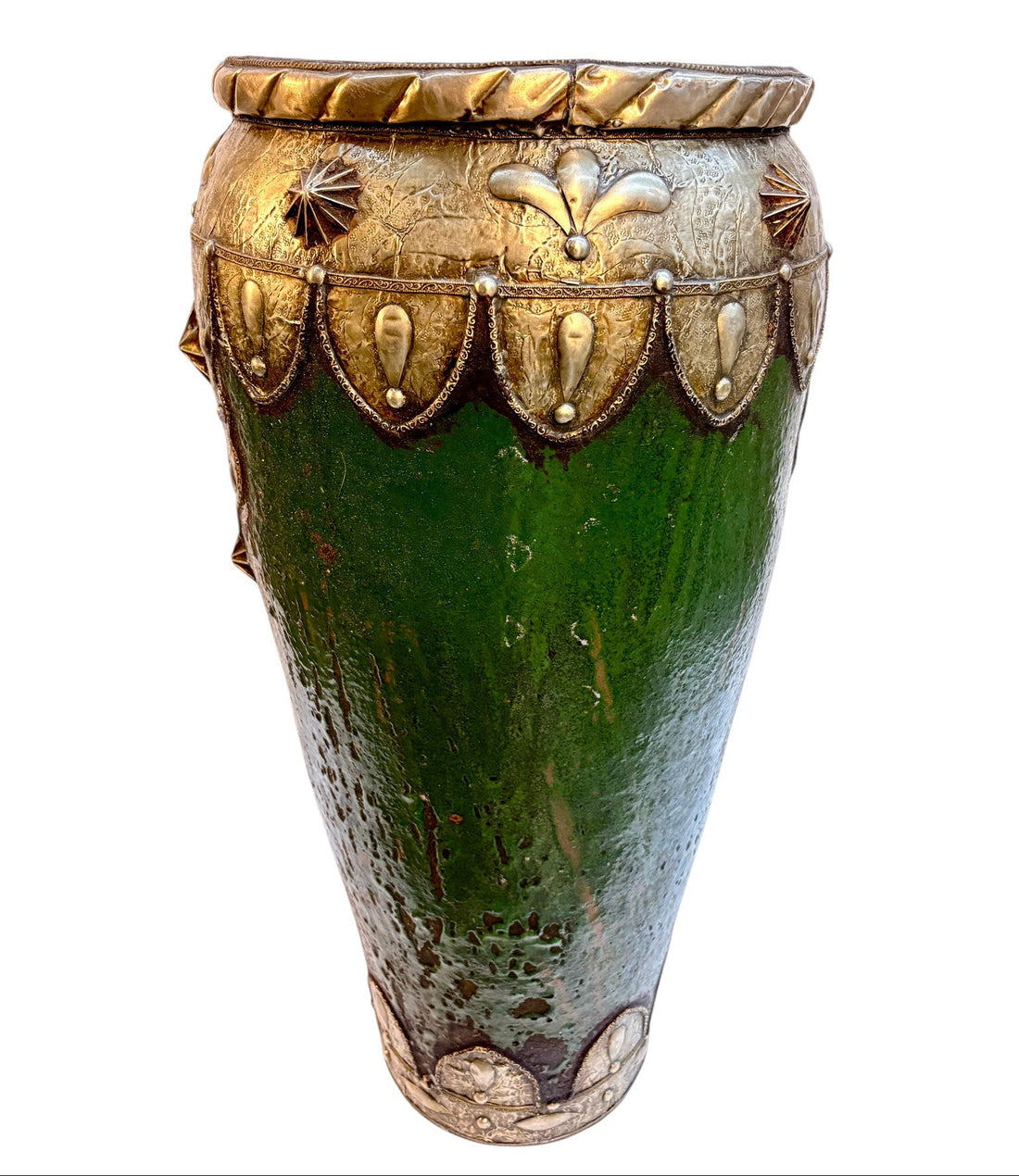 Emerald Green Glazed Urn with Brass and Silver Metalwork