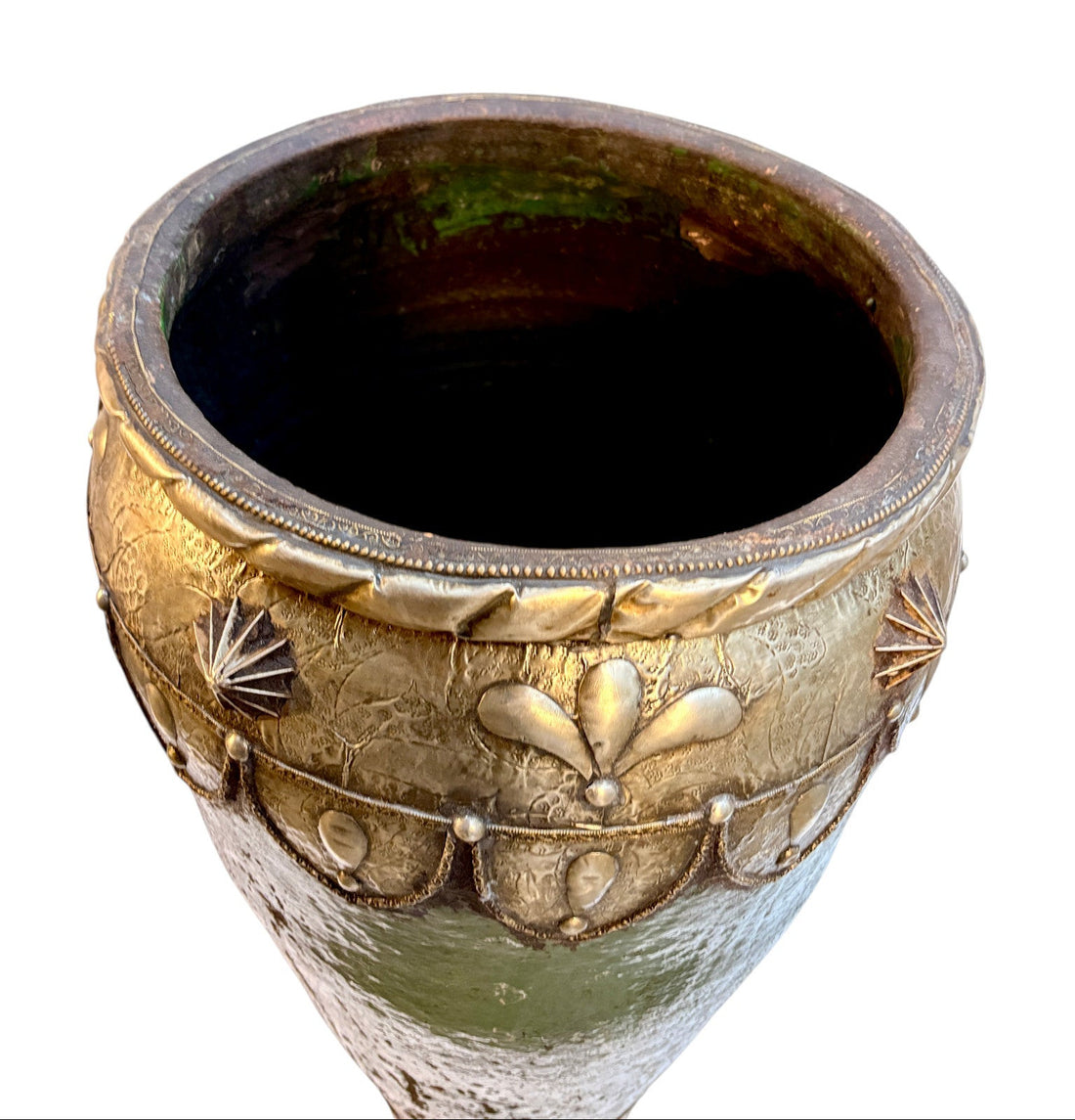 Emerald Green Glazed Urn with Brass and Silver Metalwork