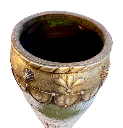 Emerald Green Glazed Urn with Brass and Silver Metalwork