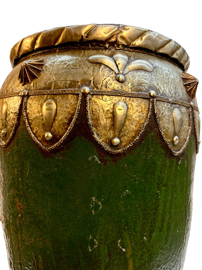 Emerald Green Glazed Urn with Brass and Silver Metalwork