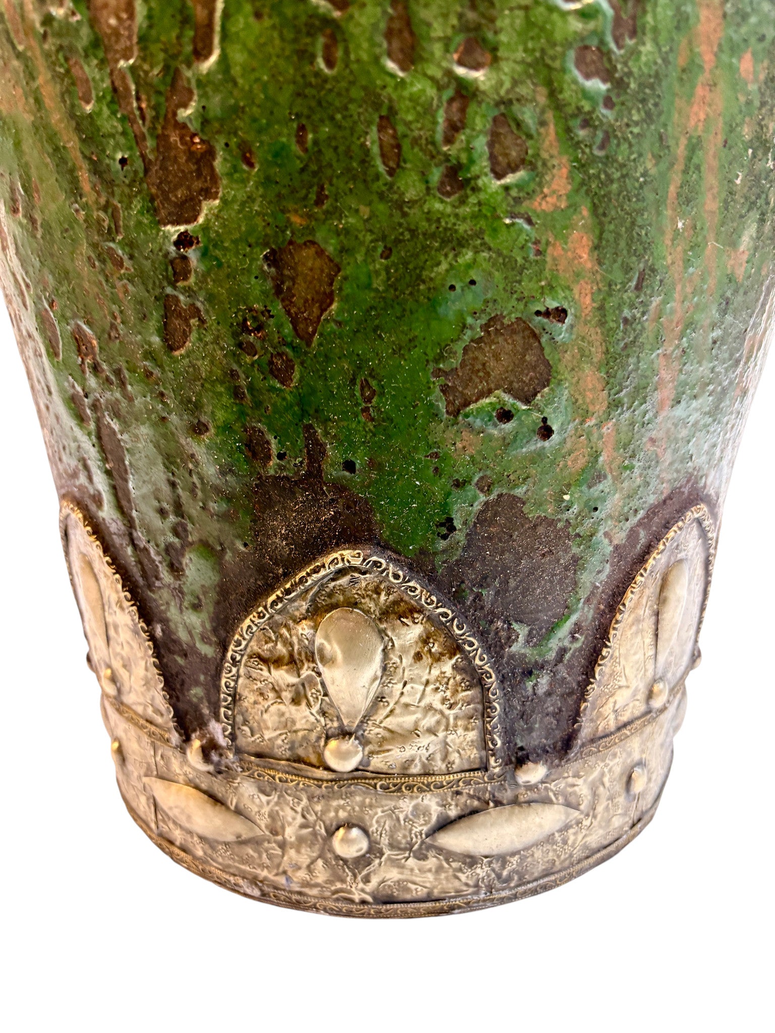 Emerald Green Glazed Urn with Brass and Silver Metalwork