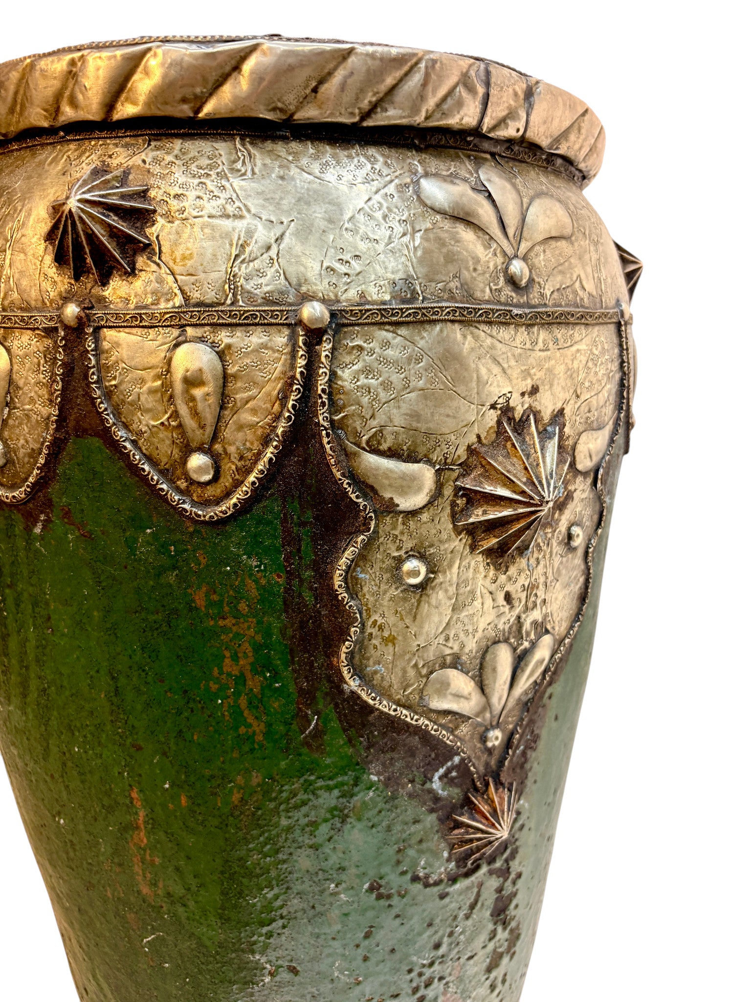 Emerald Green Glazed Urn with Brass and Silver Metalwork