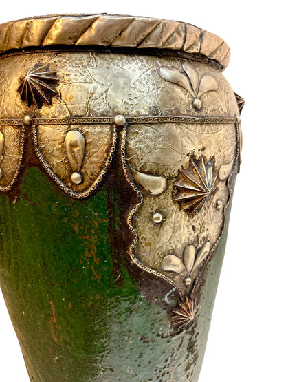 Emerald Green Glazed Urn with Brass and Silver Metalwork