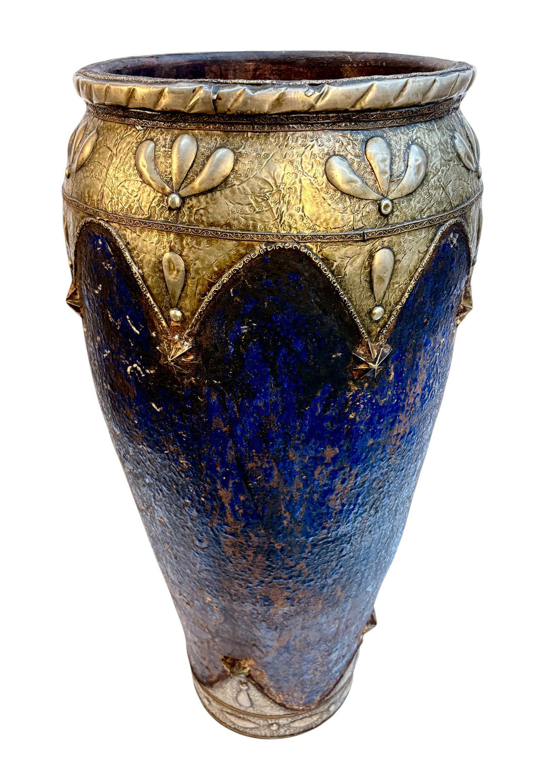 Cobalt Blue Glazed Urn with Brass and Silver Metalwork